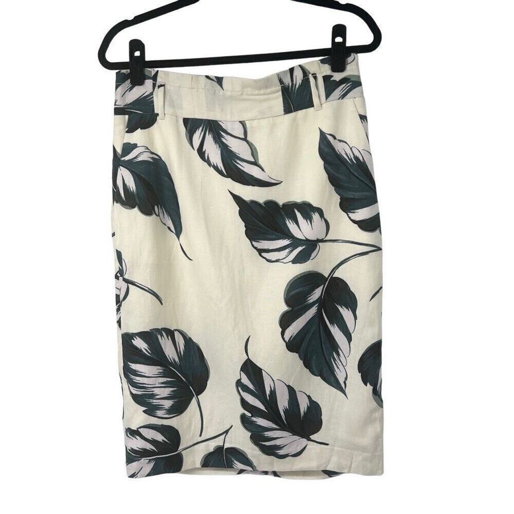 Ann Taylor‎ Cream Tropical Palm Linen Blend Pocket Pencil Skirt Sz 8 Women’s NWT